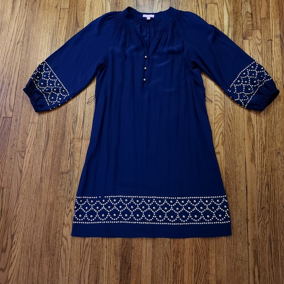 Lilly Pulitzer Dresses & Skirts - Lilly Pulitzer Womens Silk Navy Blue Gold Studded Dress Size L